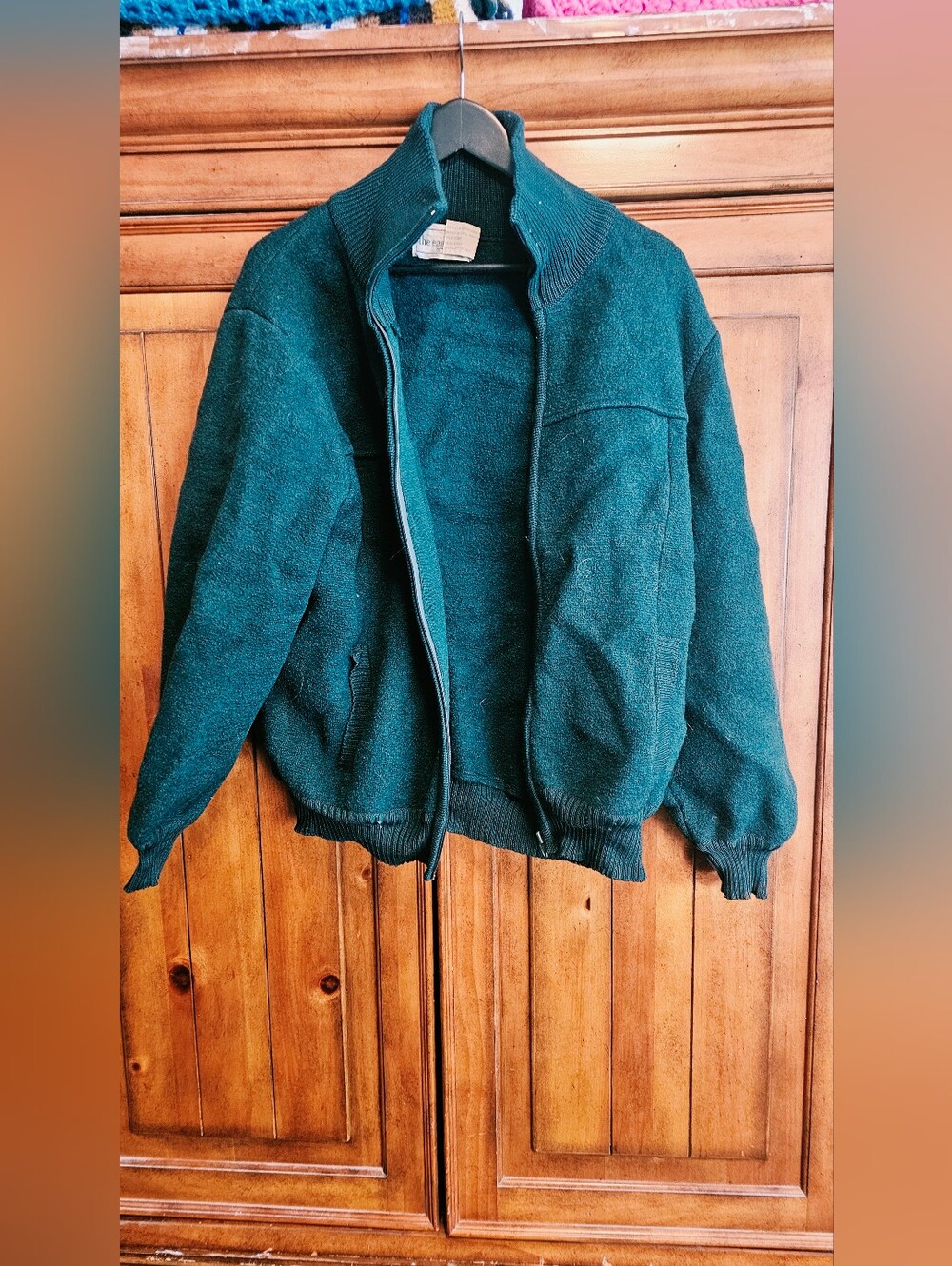 Vintage The Eagle's Eye 100% Wool Bomber Full-Zip Knit Jacket Forest Green